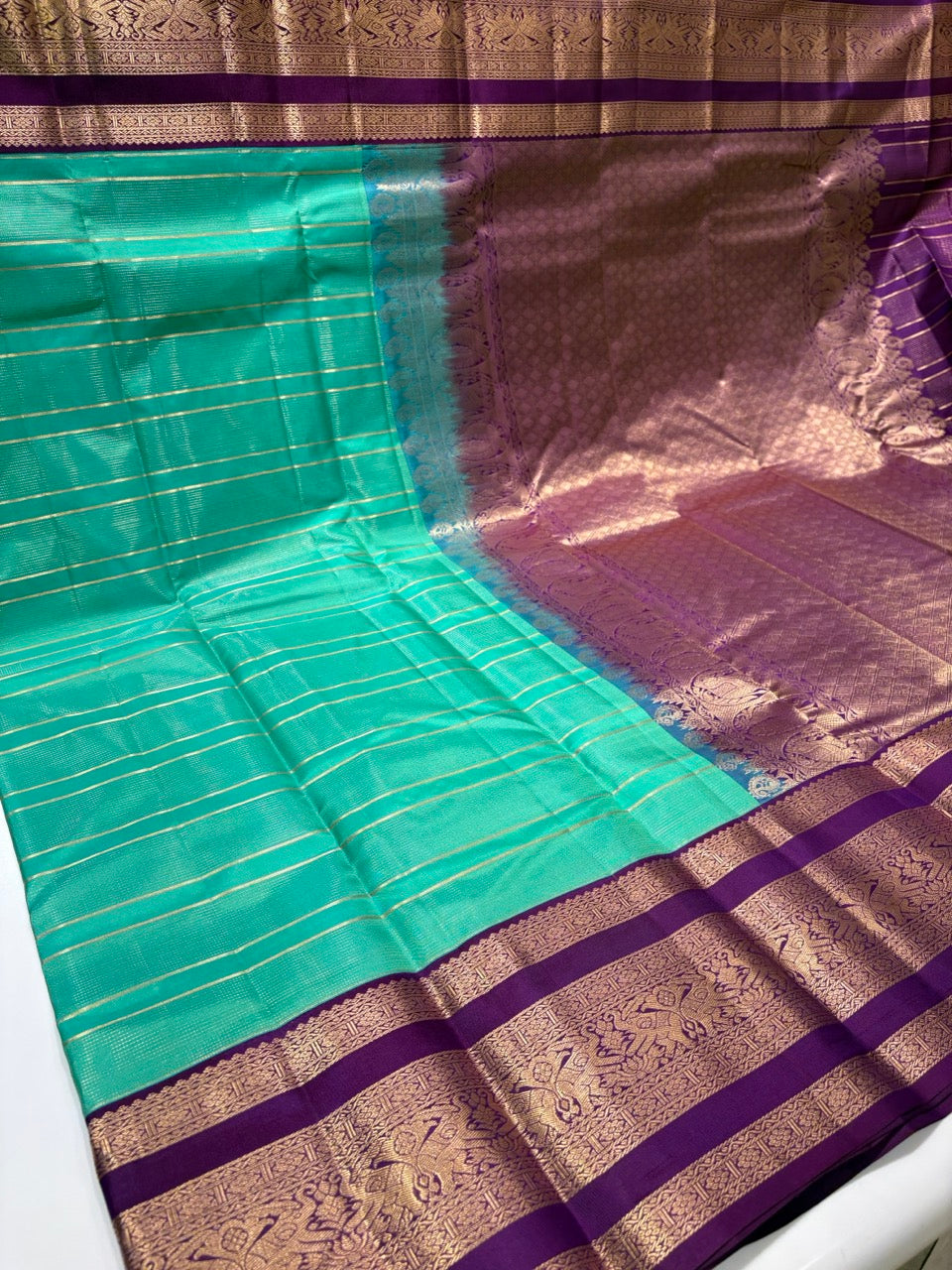 Teal Green Colour Pure Kanjivaram Silk Saree with Purple Border
