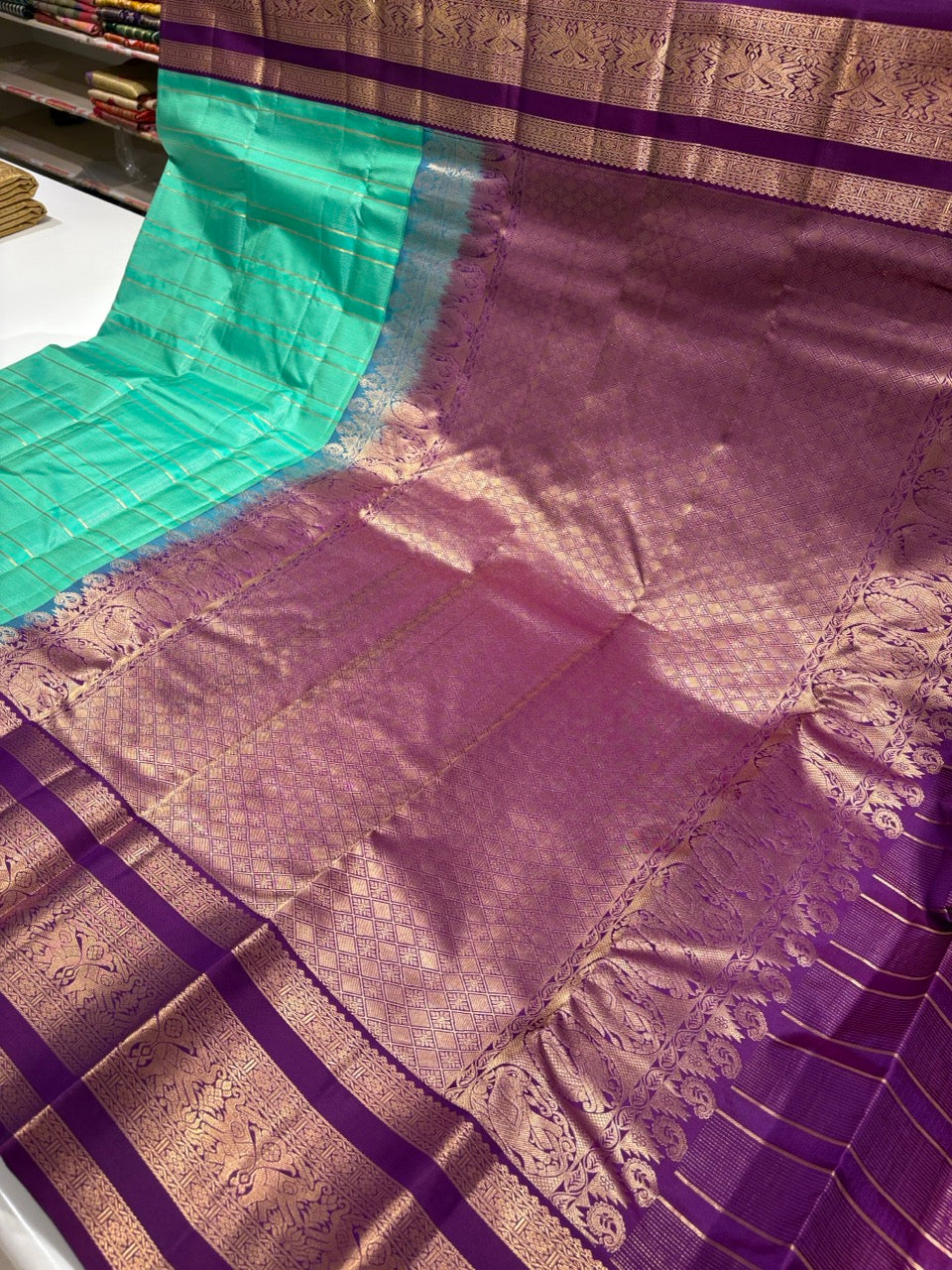 Teal Green Colour Pure Kanjivaram Silk Saree with Purple Border