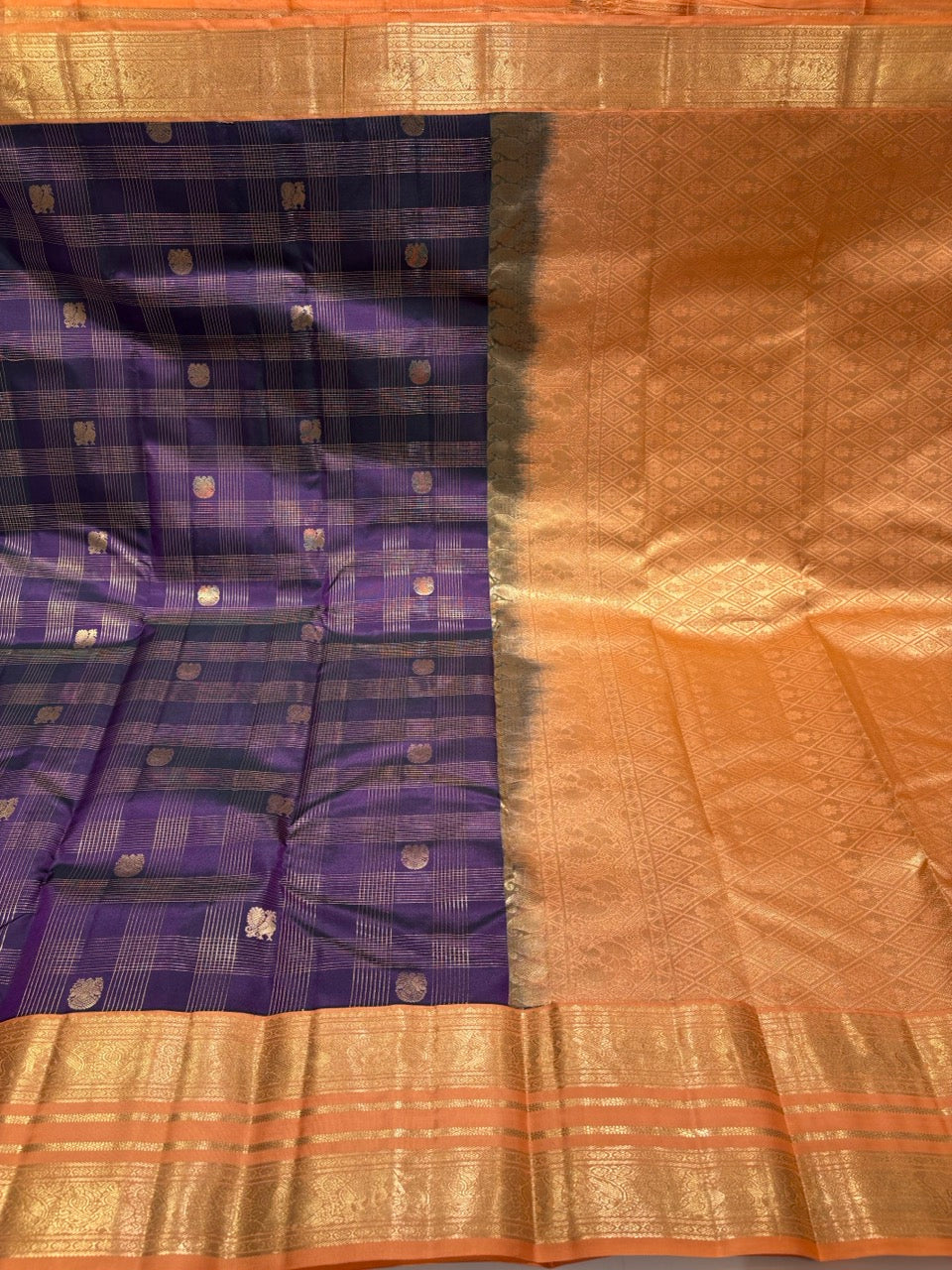 Royal Purple Colour Pure Kanchipuram Silk Saree with Orange Border