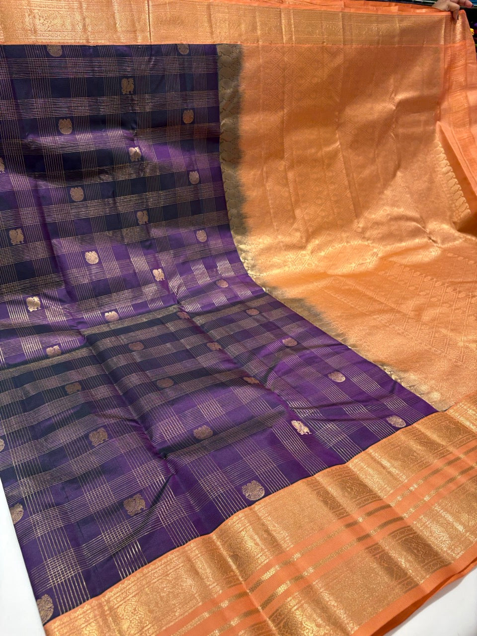 Royal Purple Colour Pure Kanchipuram Silk Saree with Orange Border