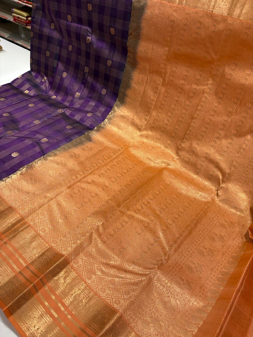 Royal Purple Colour Pure Kanchipuram Silk Saree with Orange Border