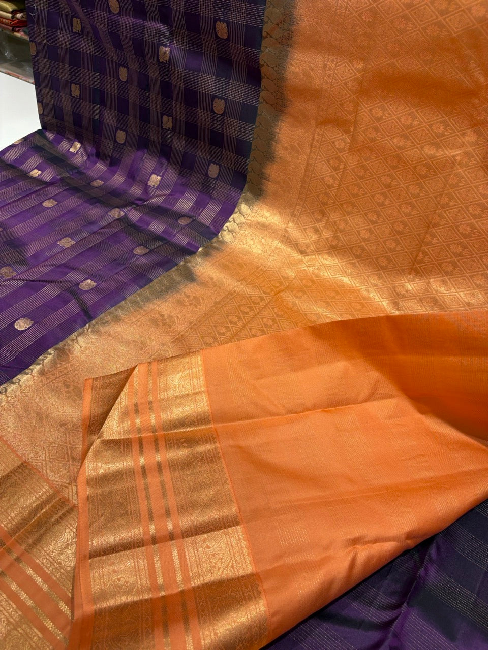 Royal Purple Colour Pure Kanchipuram Silk Saree with Orange Border