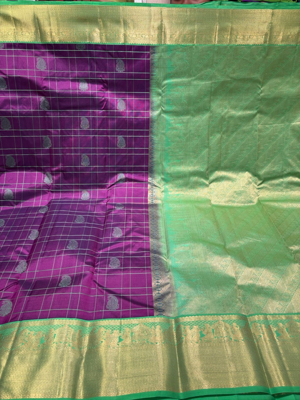 Lustrous Purple Colour Saree with Light Green Border