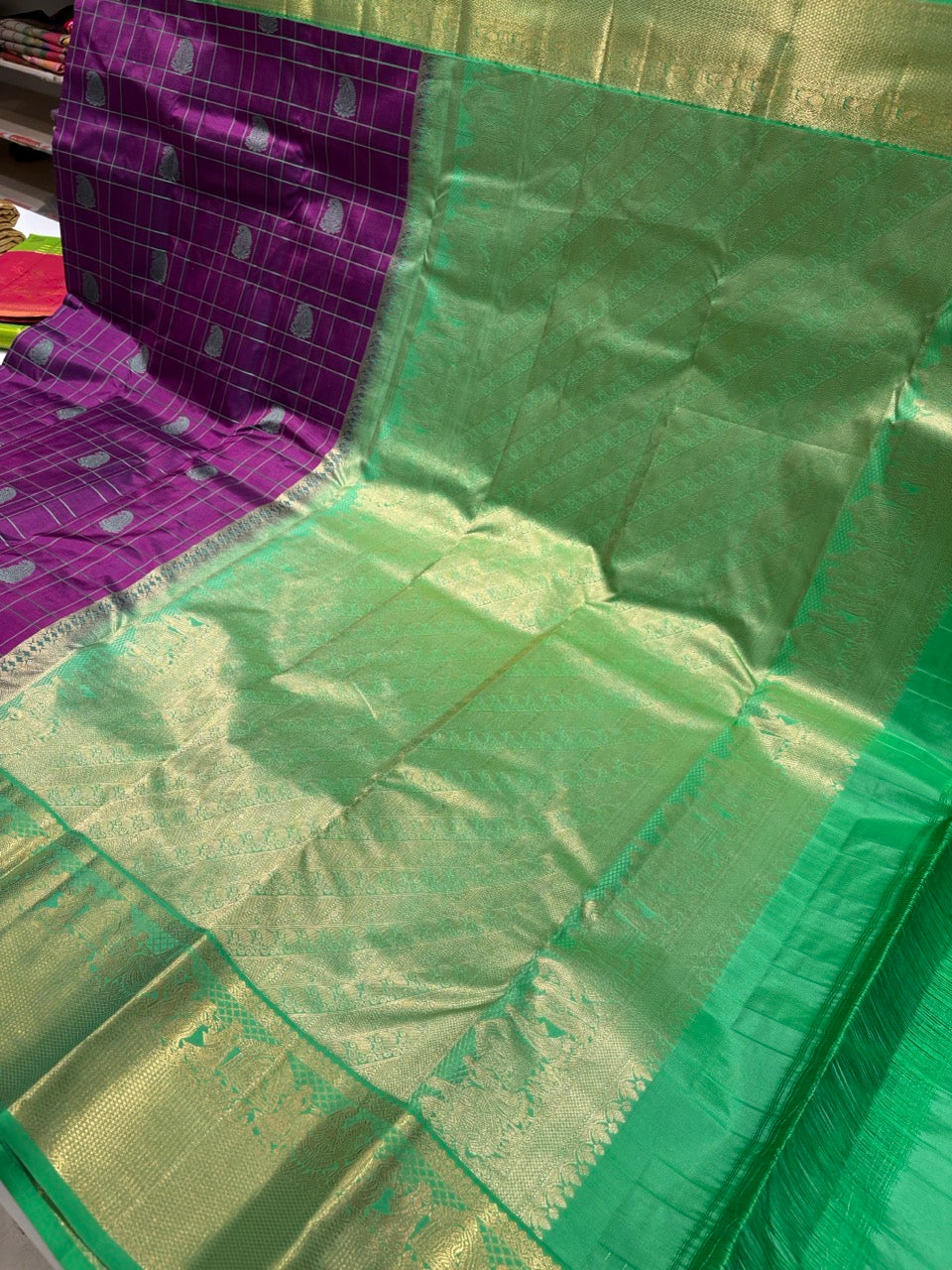 Lustrous Purple Colour Saree with Light Green Border