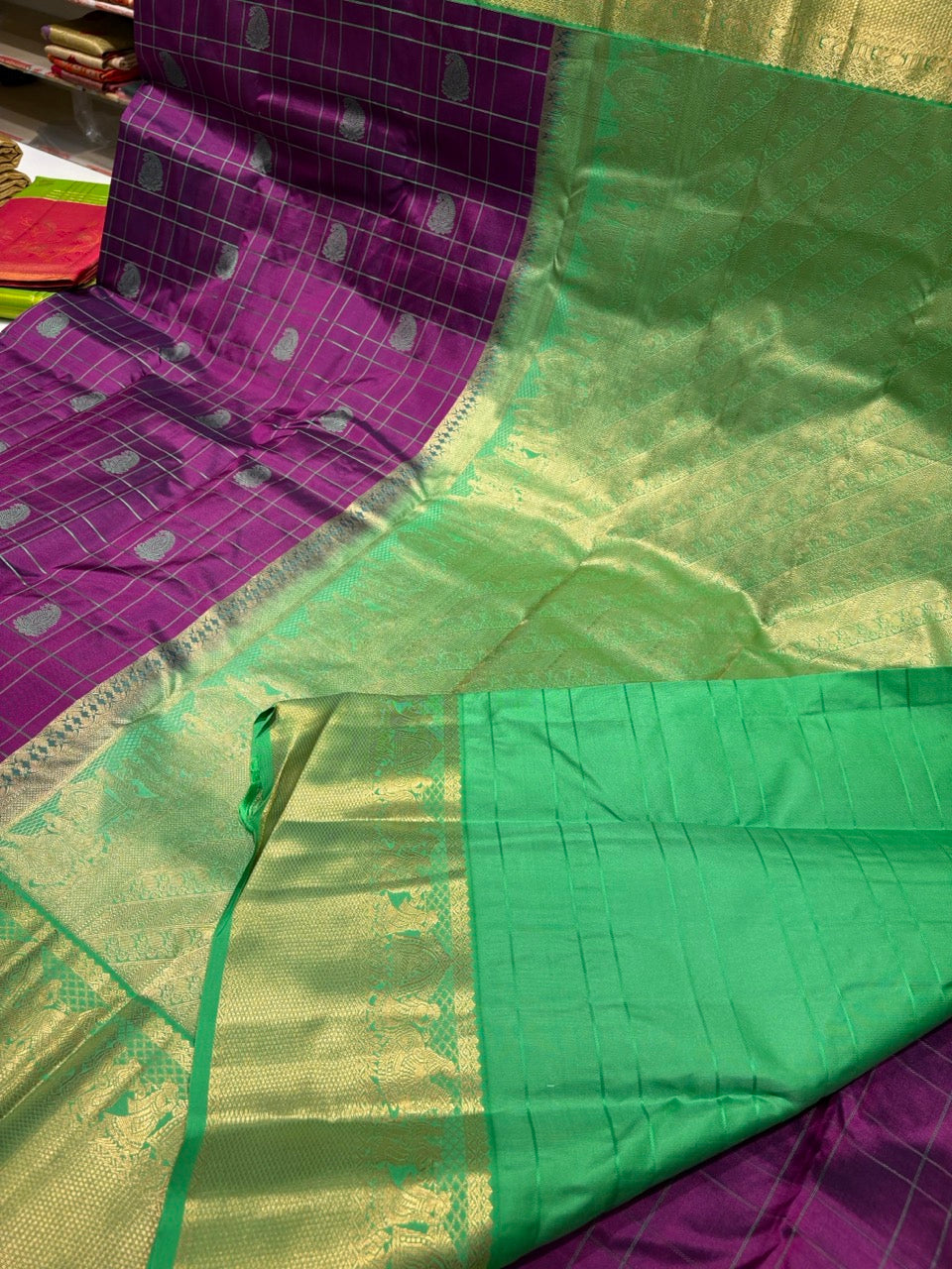 Lustrous Purple Colour Saree with Light Green Border