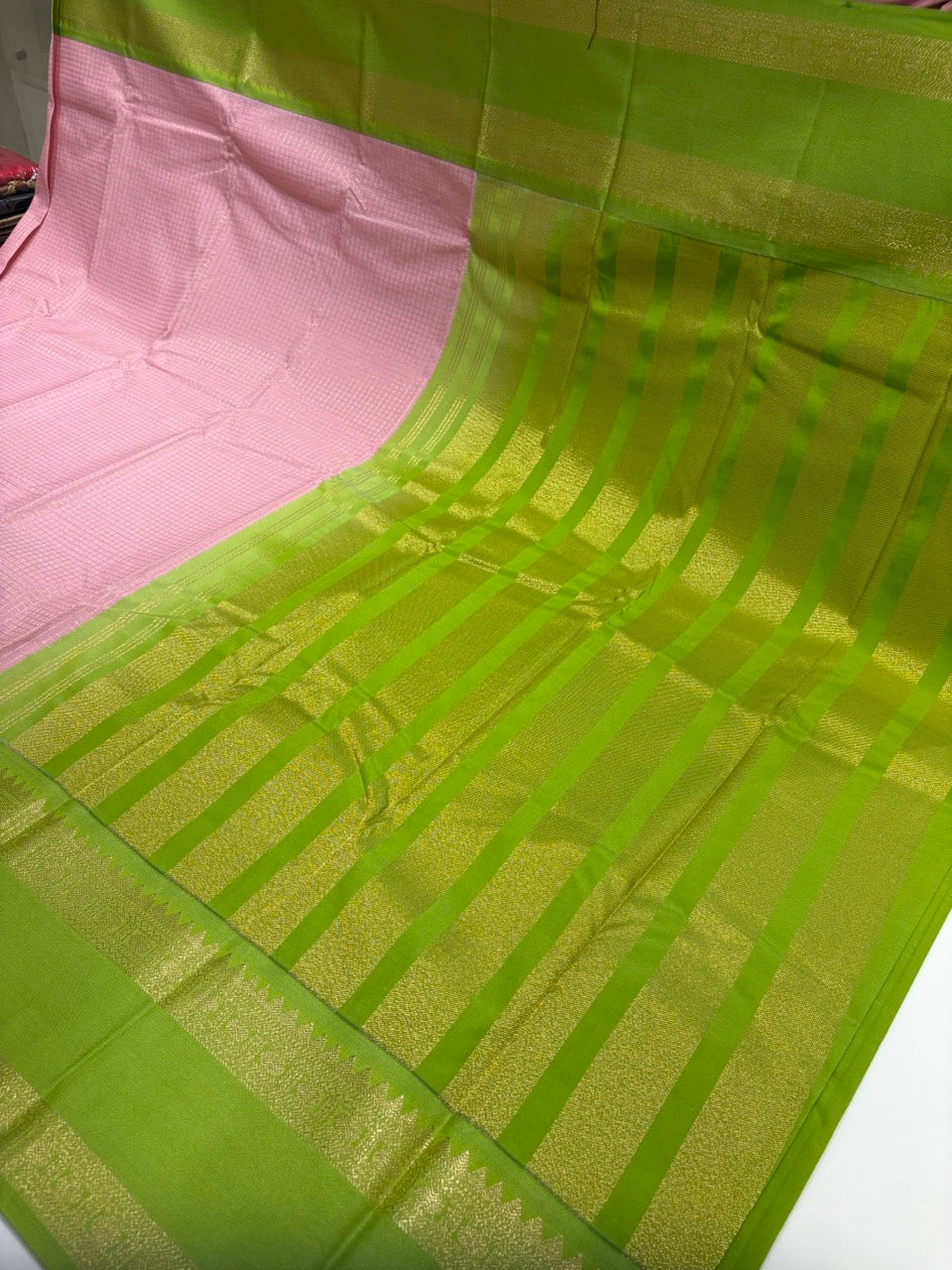Baby Pink Colour Semi Kanjivaram Silk Saree with Light Green Border