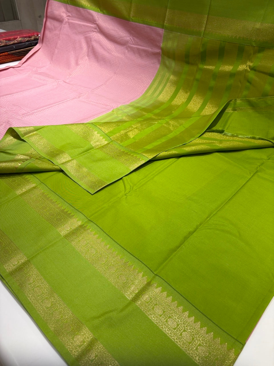 Baby Pink Colour Semi Kanjivaram Silk Saree with Light Green Border