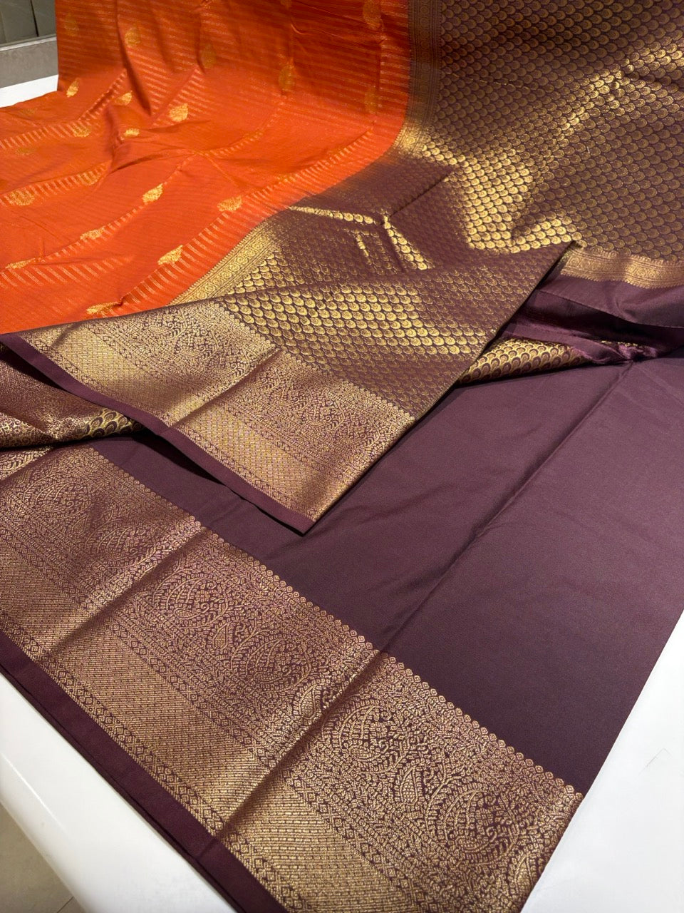 Rust Orange Colour Semi Kachi Silk Saree with Brown Border