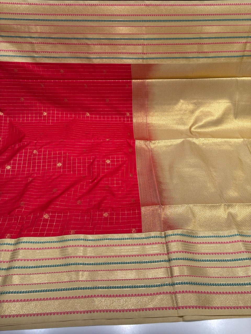 Festive Red Colour Semi Kanchi Silk Saree with Cream Border