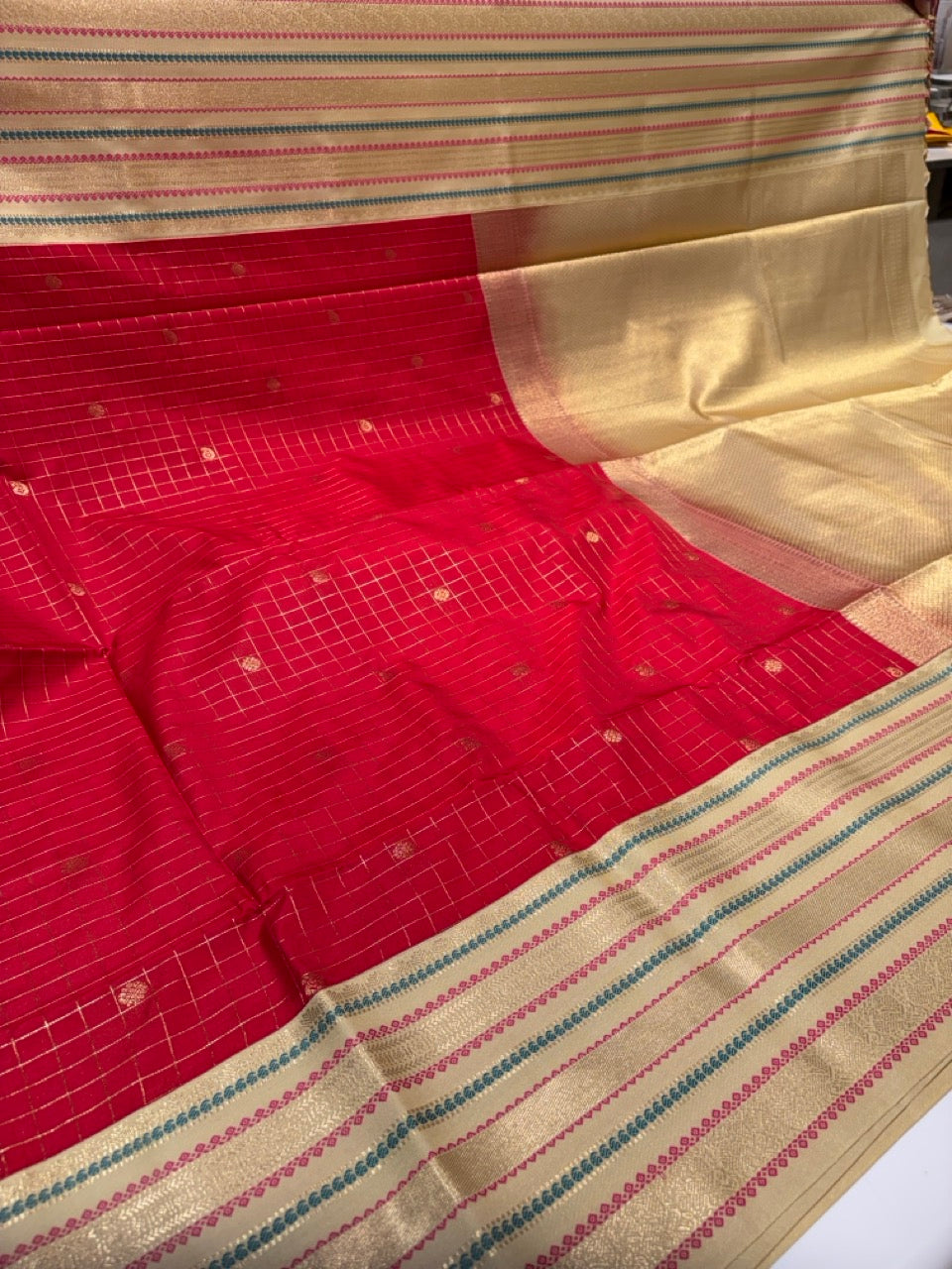Festive Red Colour Semi Kanchi Silk Saree with Cream Border