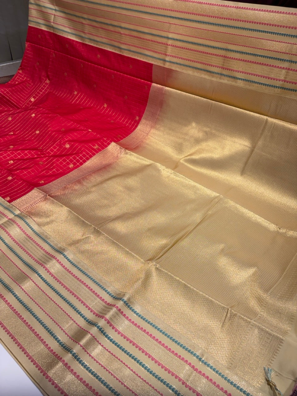 Festive Red Colour Semi Kanchi Silk Saree with Cream Border