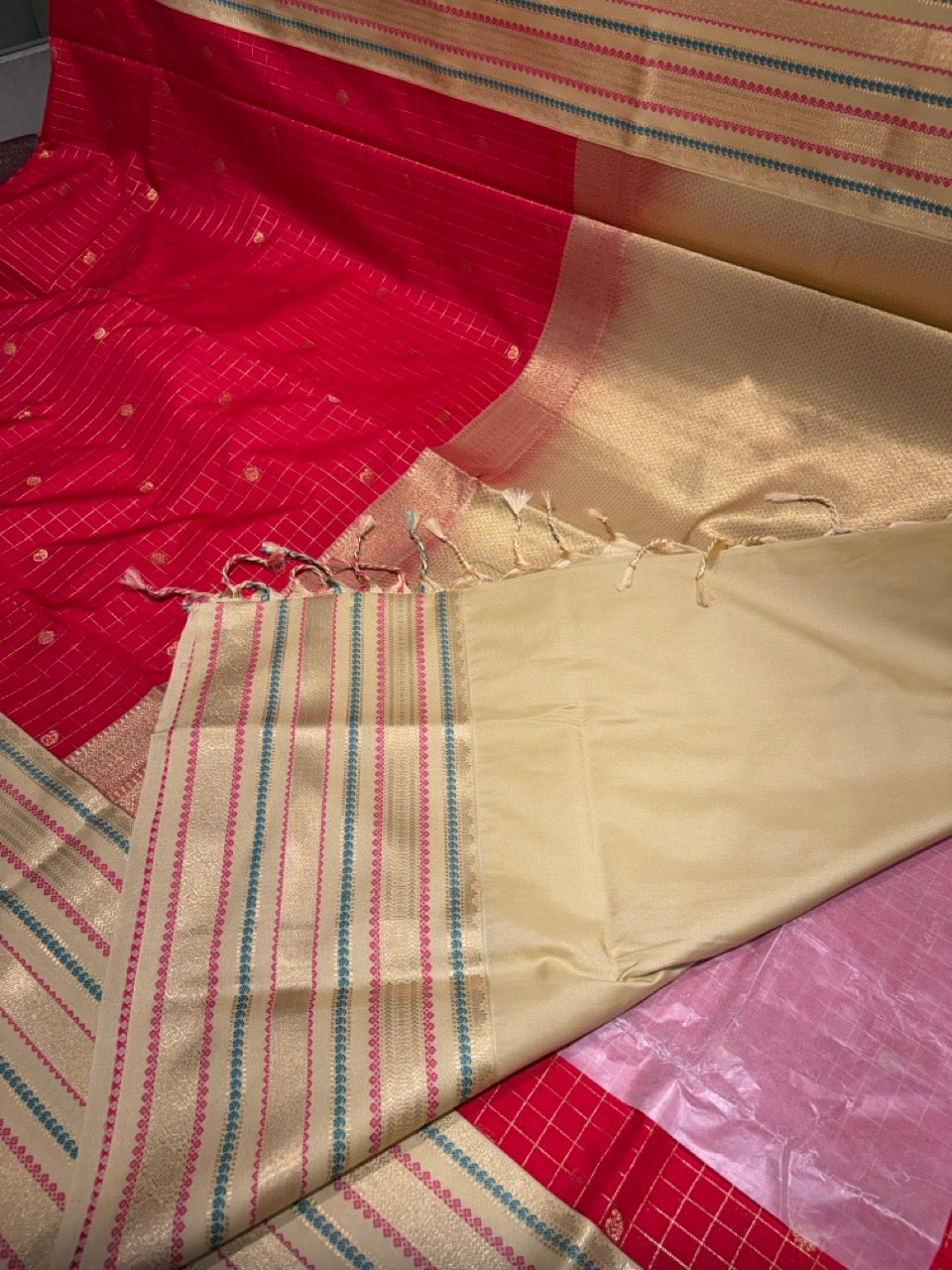 Festive Red Colour Semi Kanchi Silk Saree with Cream Border