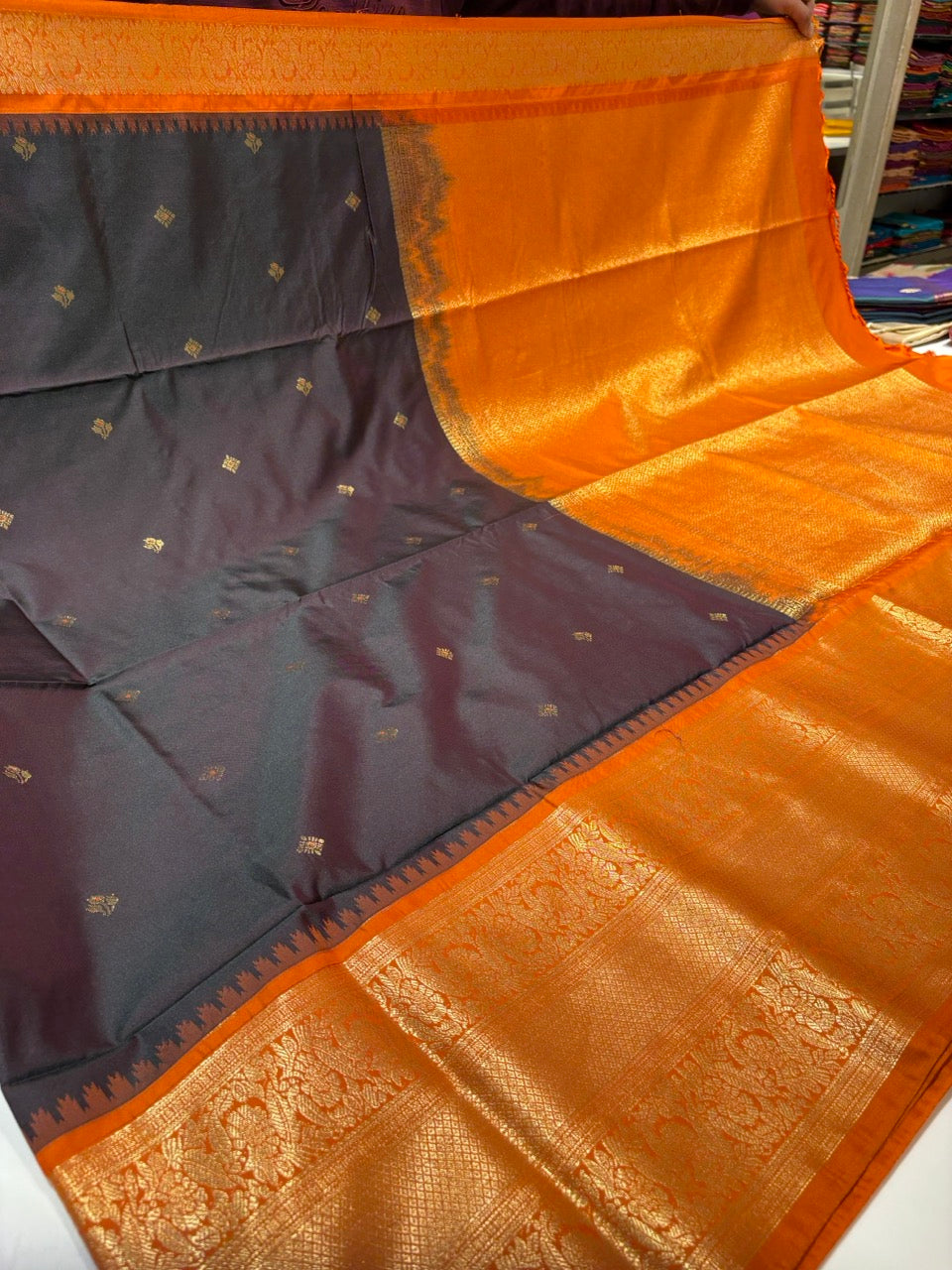 Chocolate Brown Colour Semi Soft Silk Saree with Rust Orange Contrast