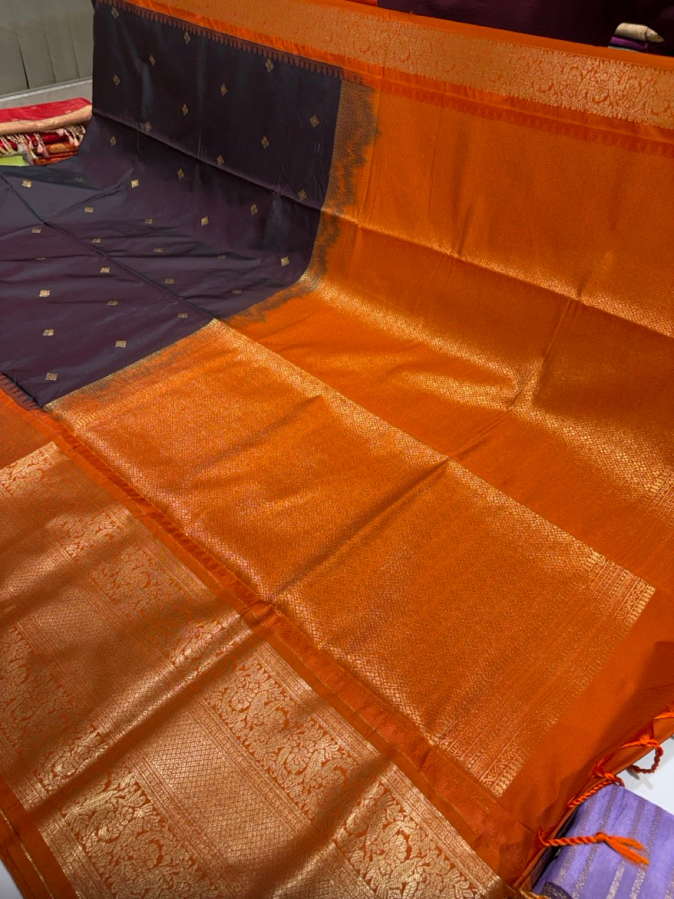 Chocolate Brown Colour Semi Soft Silk Saree with Rust Orange Contrast