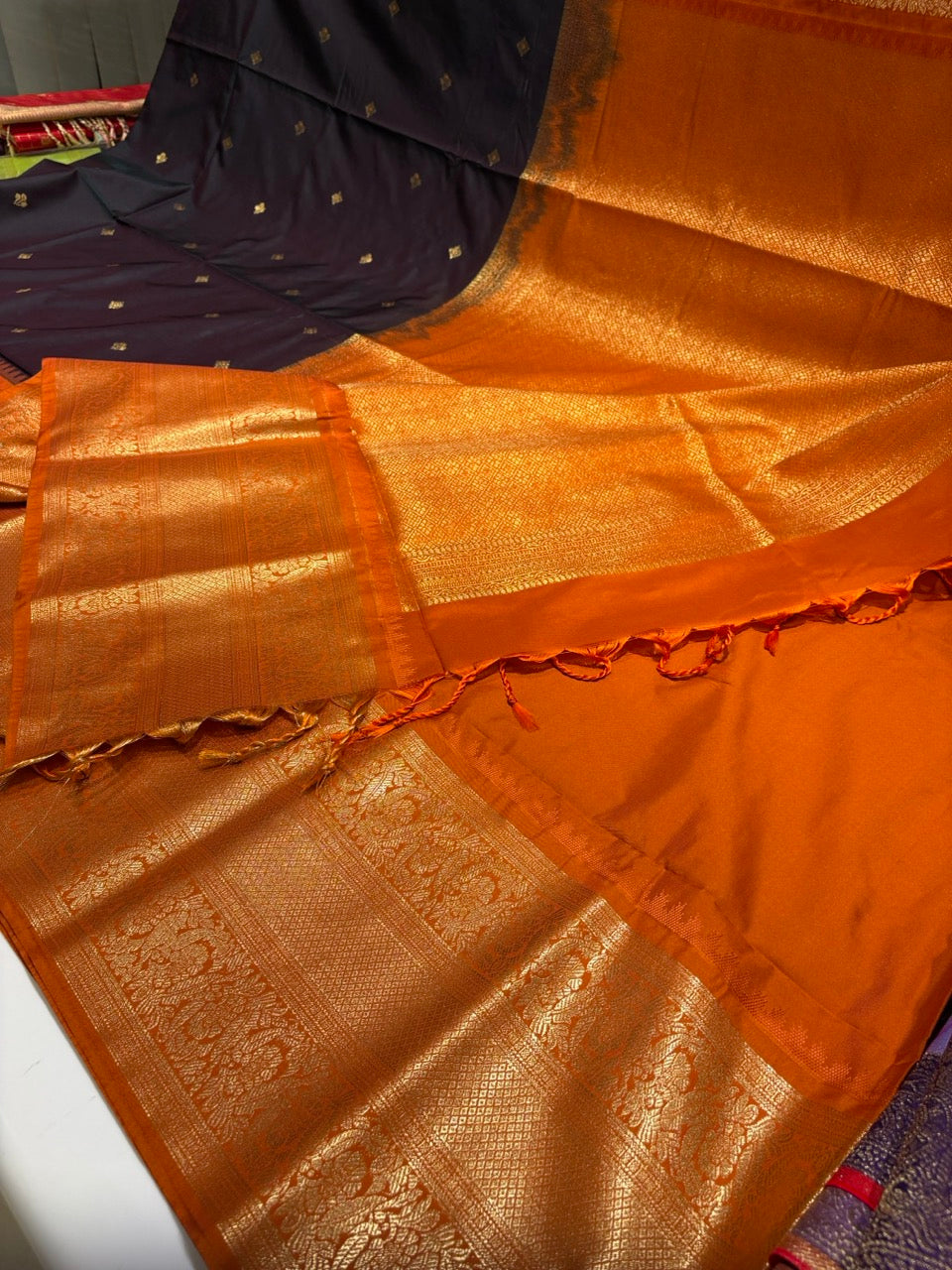 Chocolate Brown Colour Semi Soft Silk Saree with Rust Orange Contrast