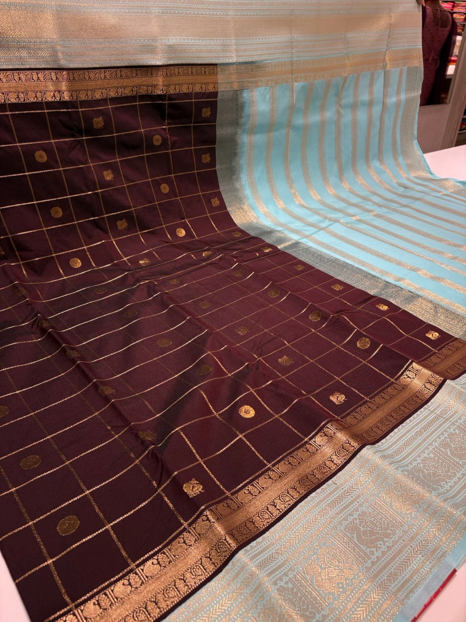 Chocolate Brown Colour Semi Kanchipramm Silk Saree with Sky Blue Border