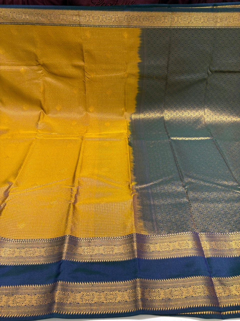Olive Yellow Colour  Saree with Navy Blue Contrast