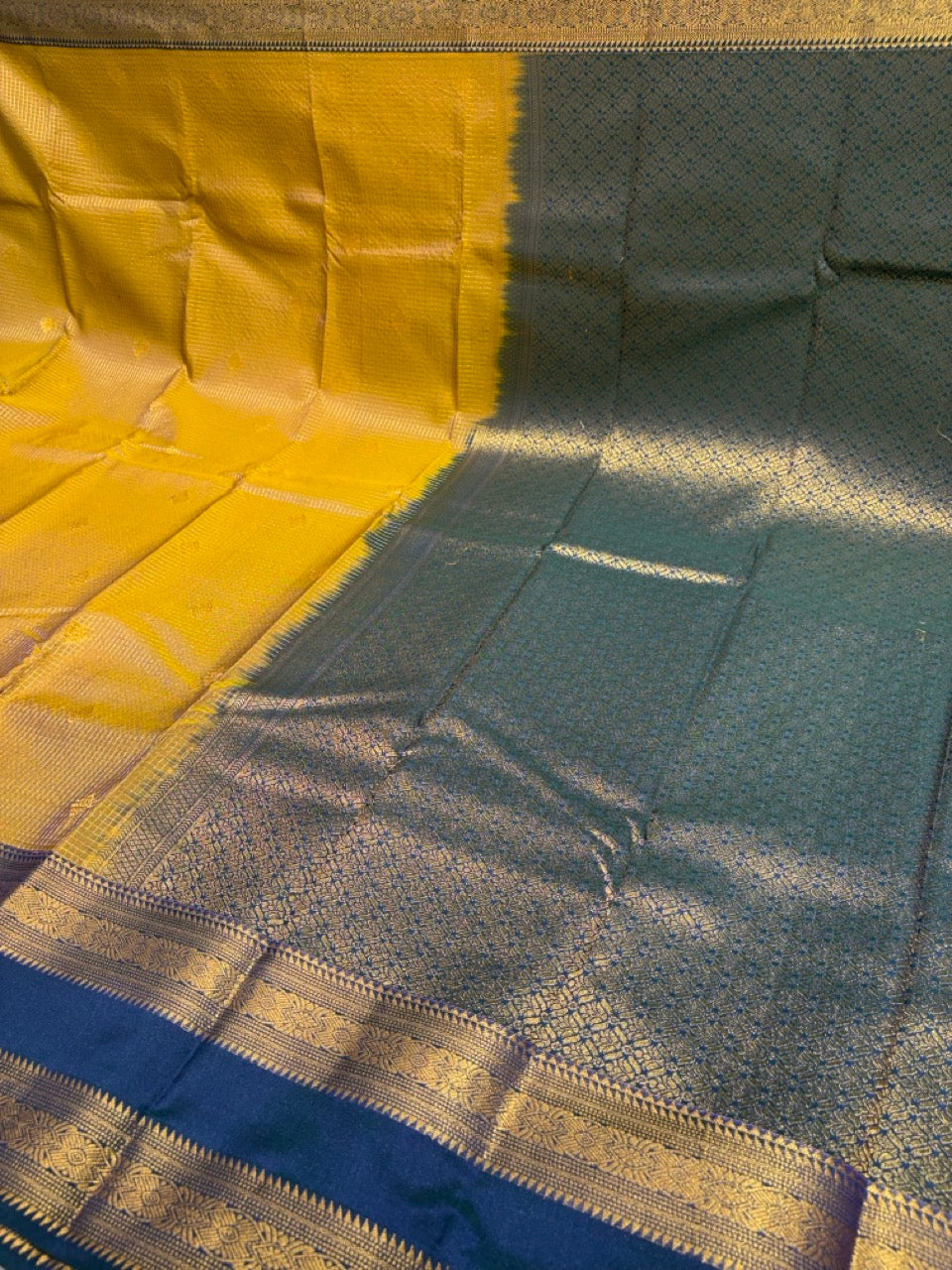 Olive Yellow Colour  Saree with Navy Blue Contrast