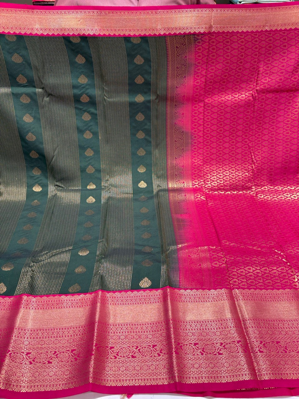 Bottle Green Colour Semi Silk Saree with Magenta Pink Border