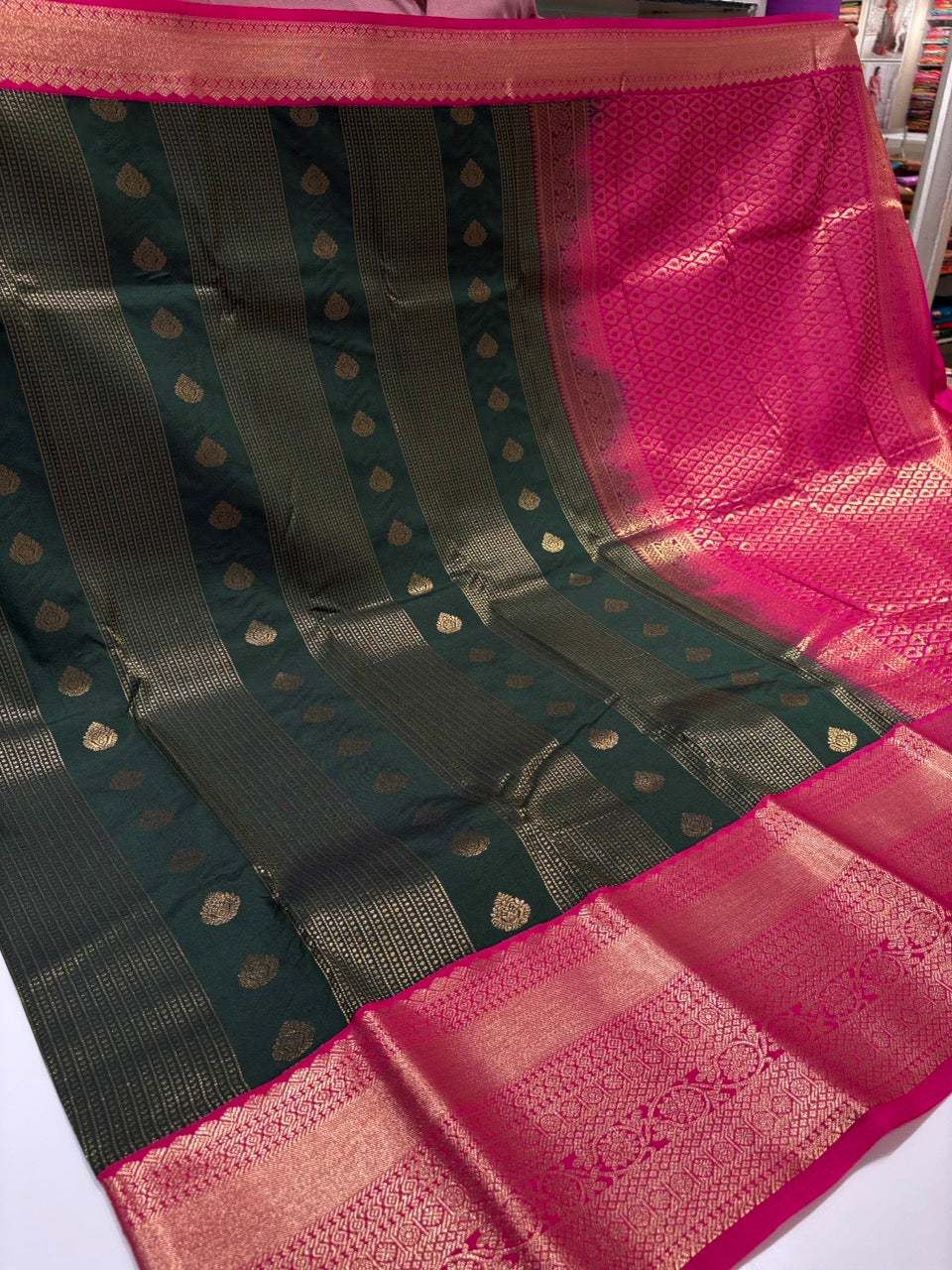 Bottle Green Colour Semi Silk Saree with Magenta Pink Border