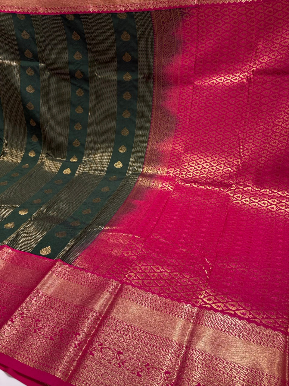 Bottle Green Colour Semi Silk Saree with Magenta Pink Border