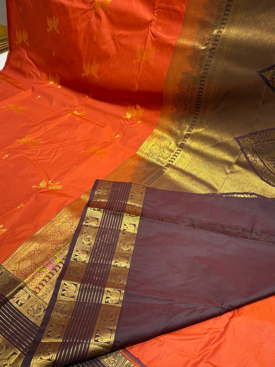 Rust Orange Colour Semi Silk Saree with Brown Contrast
