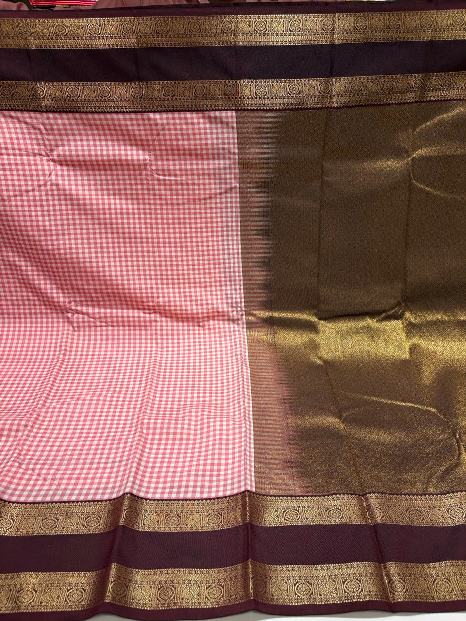 Baby Pink Colour Semi Kanci Silk Saree with Chocolate Brown Contrast NSS152