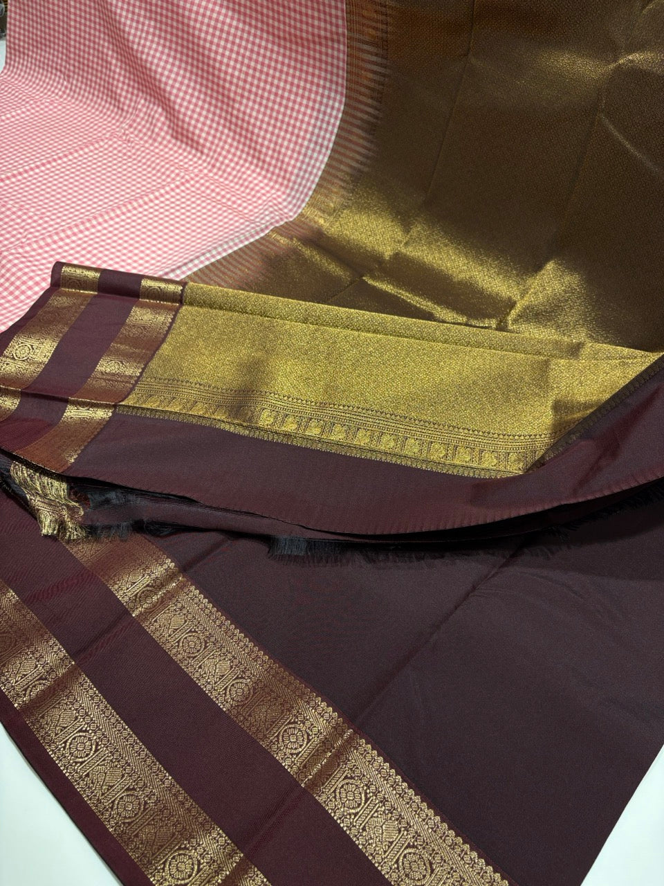 Baby Pink Colour Semi Kanci Silk Saree with Chocolate Brown Contrast NSS152