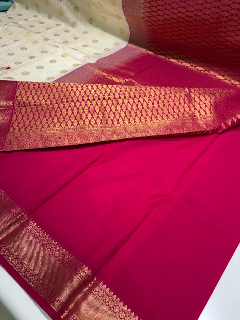Ivory Colour Semi Silk Saree with Pink Contrast