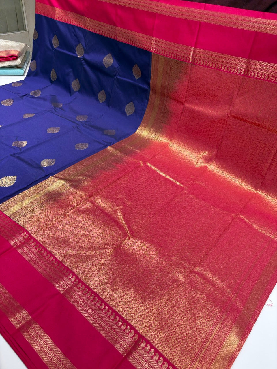 Royal Blue Colour Semi Kanchipuram Silk Saree with Pink Contrast