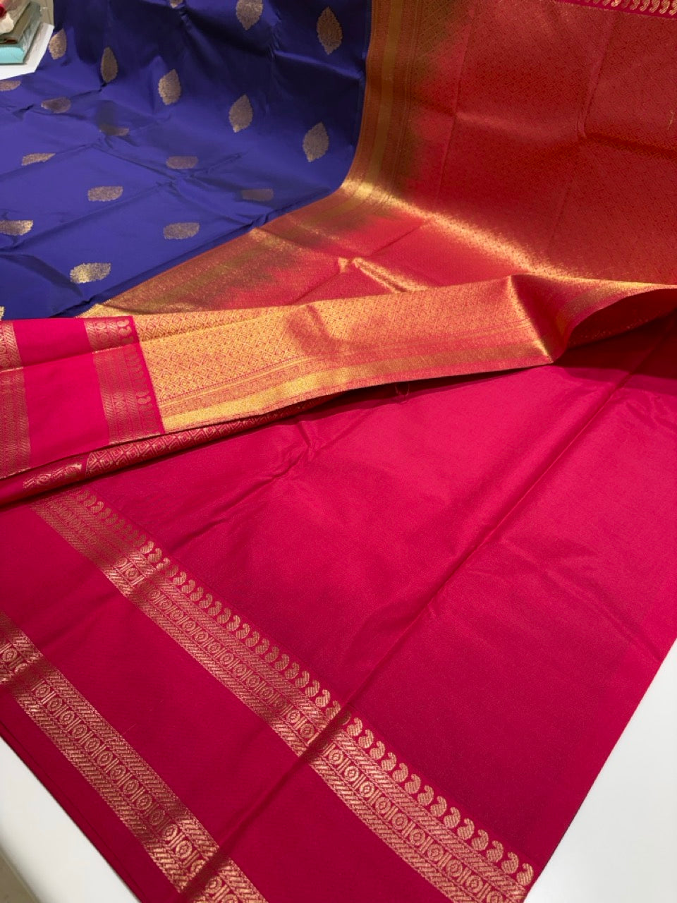 Royal Blue Colour Semi Kanchipuram Silk Saree with Pink Contrast