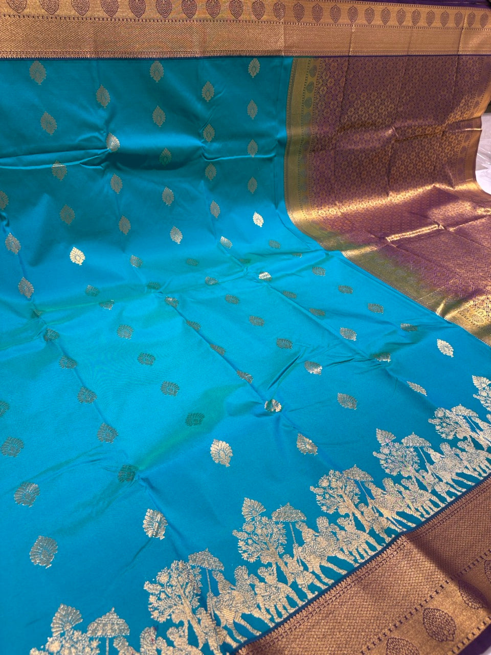 Teal Blue Colour Semi Kanchi Silk Saree with Zari Border NSS175
