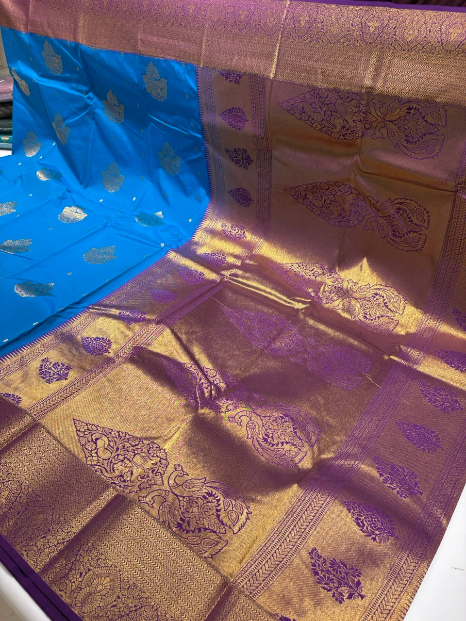Vibrant Blue Colour Semi Kanchipuram Silk Saree with Grape Purple Contrast NSS165