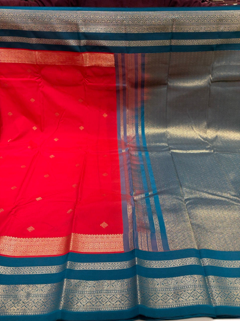 Red Colour Semi Kanchipuram Silk Saree with Teal Green Contrast