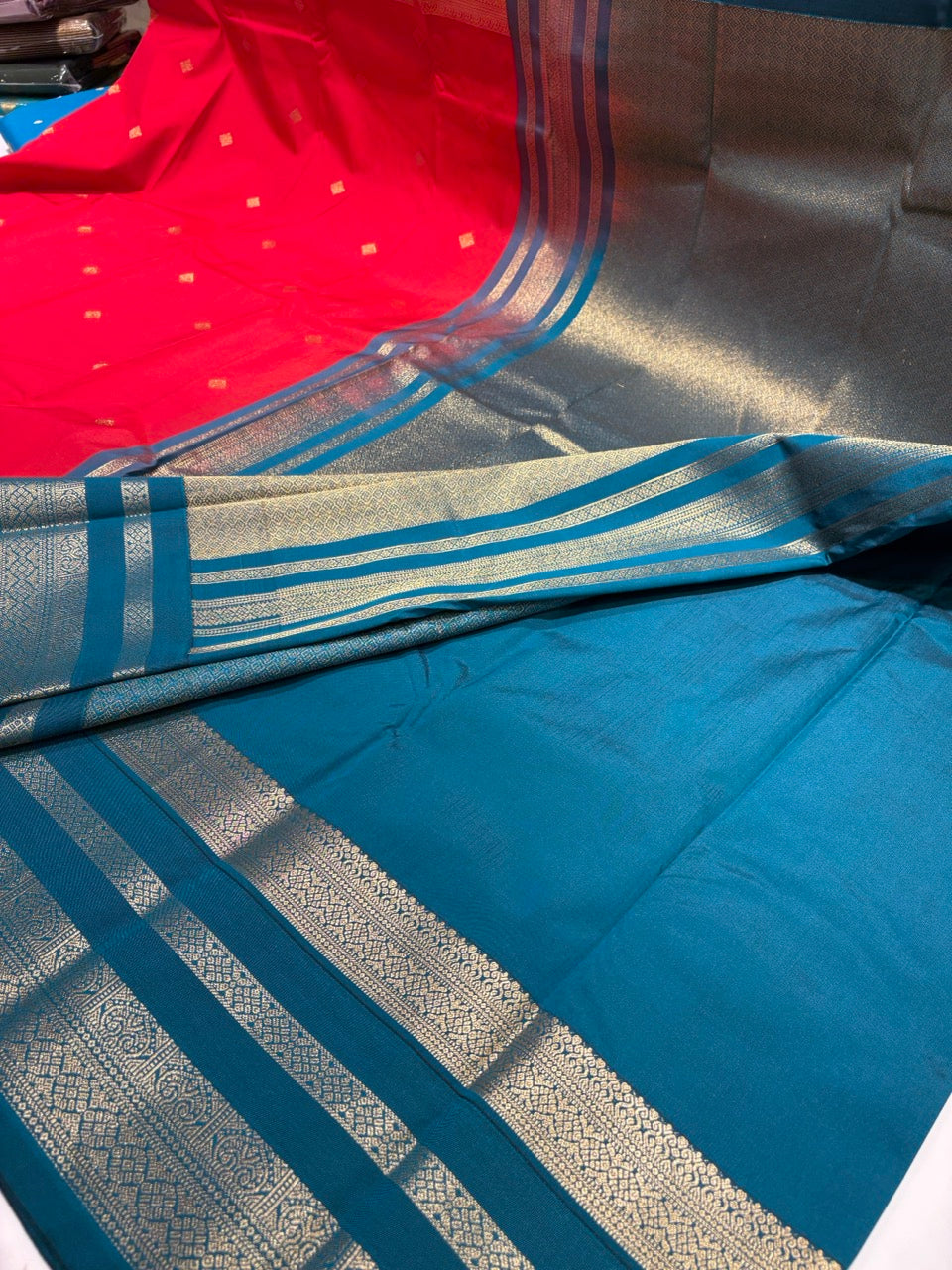 Red Colour Semi Kanchipuram Silk Saree with Teal Green Contrast
