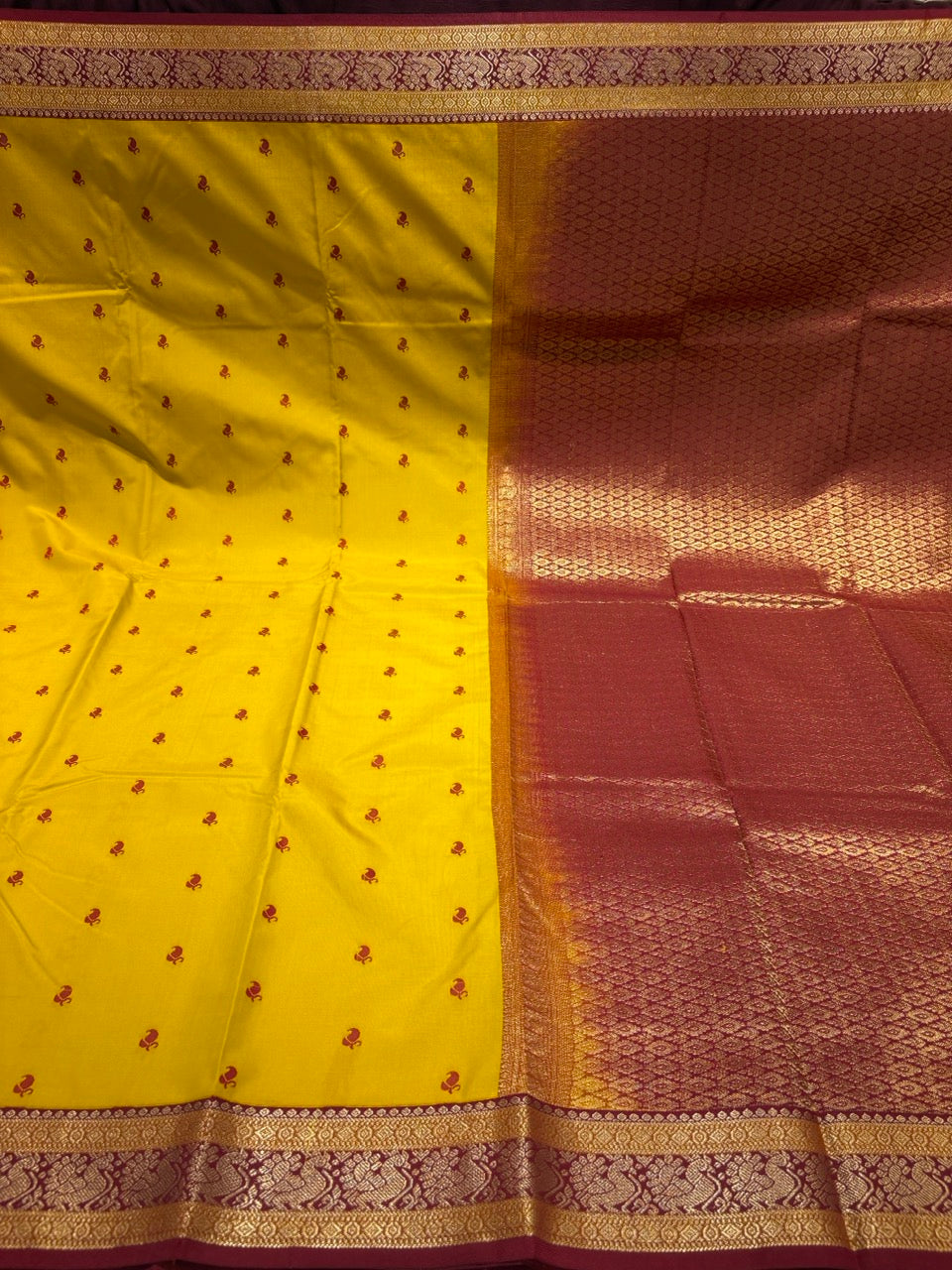 Mustard Yellow Colour Semi Kanchi Silk Saree with Maroon Red Contrast NSS176