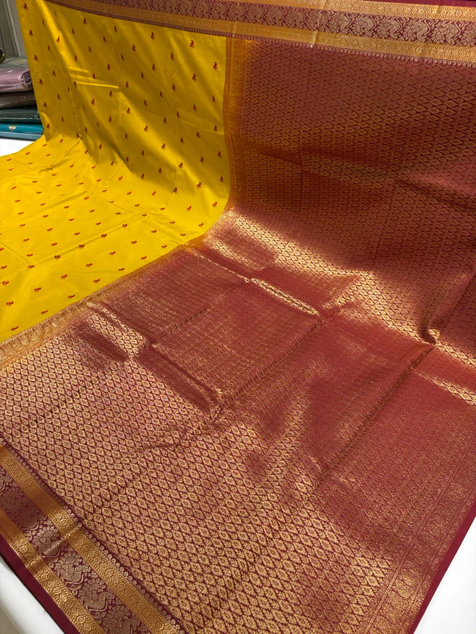 Mustard Yellow Colour Semi Kanchi Silk Saree with Maroon Red Contrast NSS176
