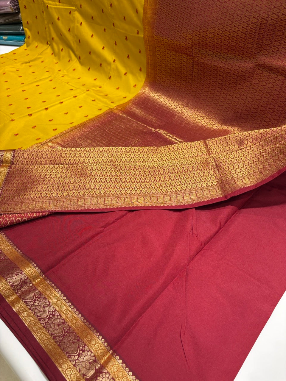 Mustard Yellow Colour Semi Kanchi Silk Saree with Maroon Red Contrast NSS176