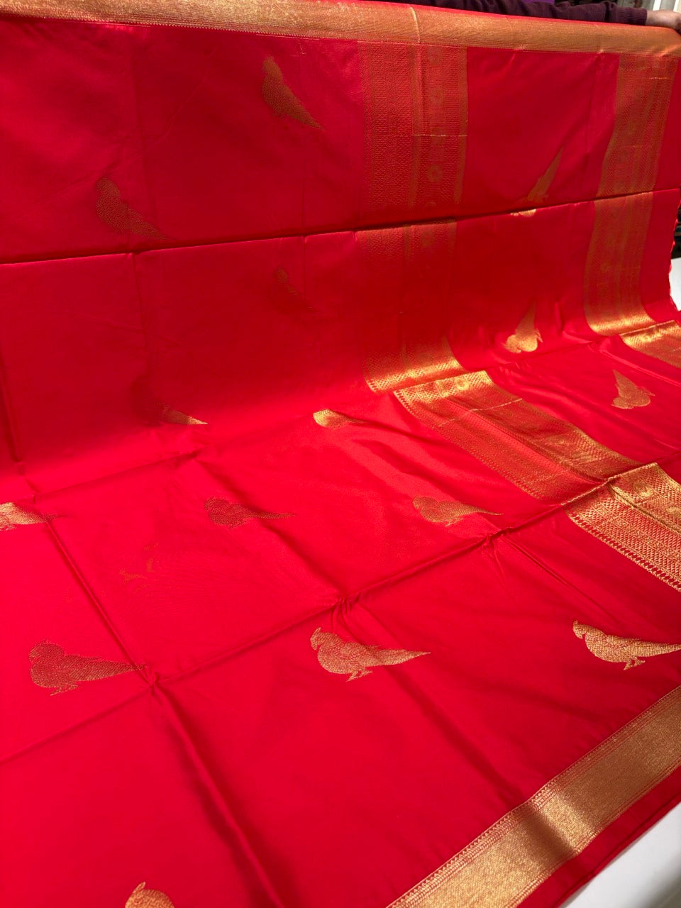 Red Colour Semi Silk Saree with Gold Zari Border & Parrot Butta