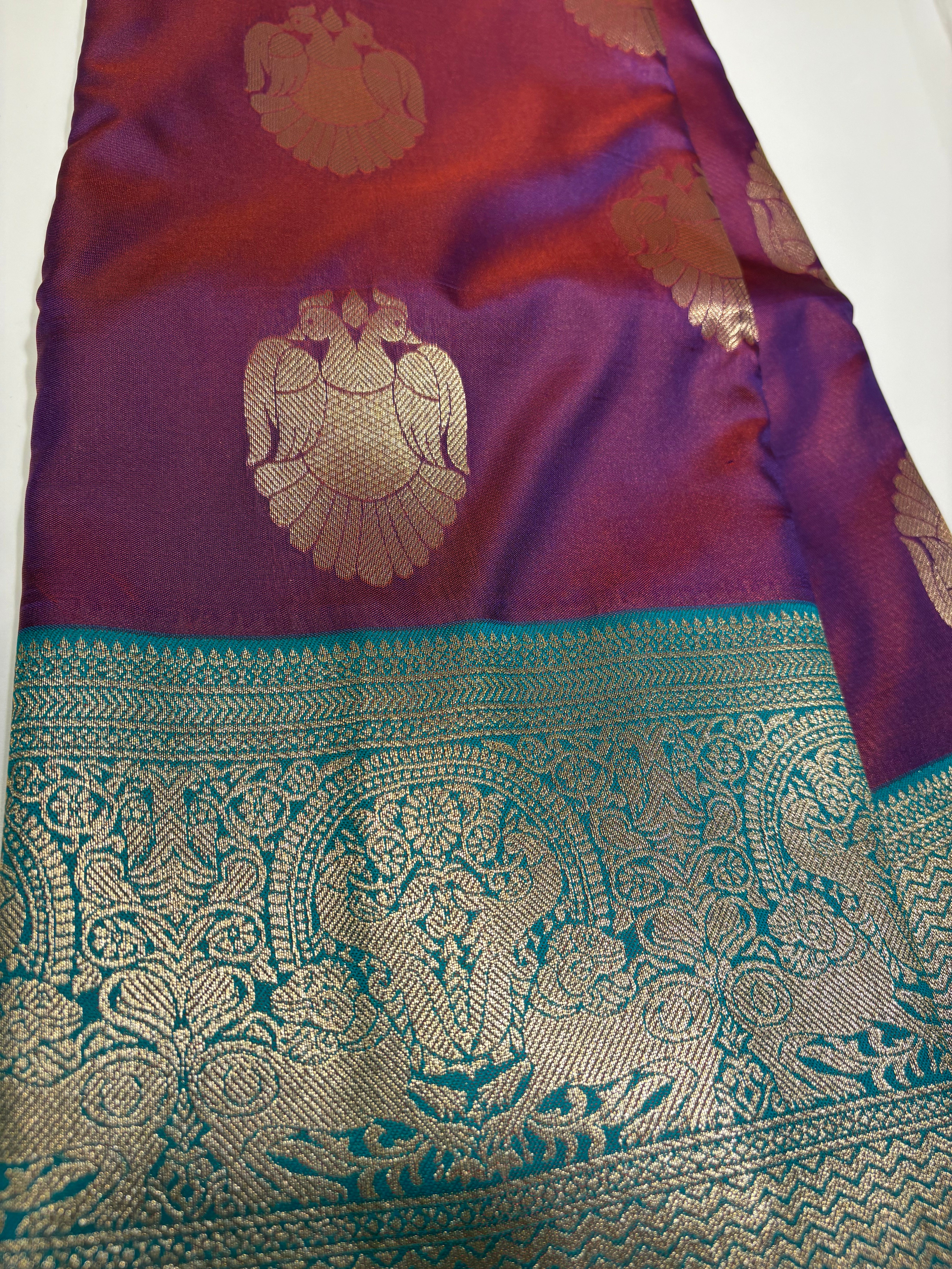 Purple & Green  Silk Saree with Silver Zari for Work & Daily Elegance