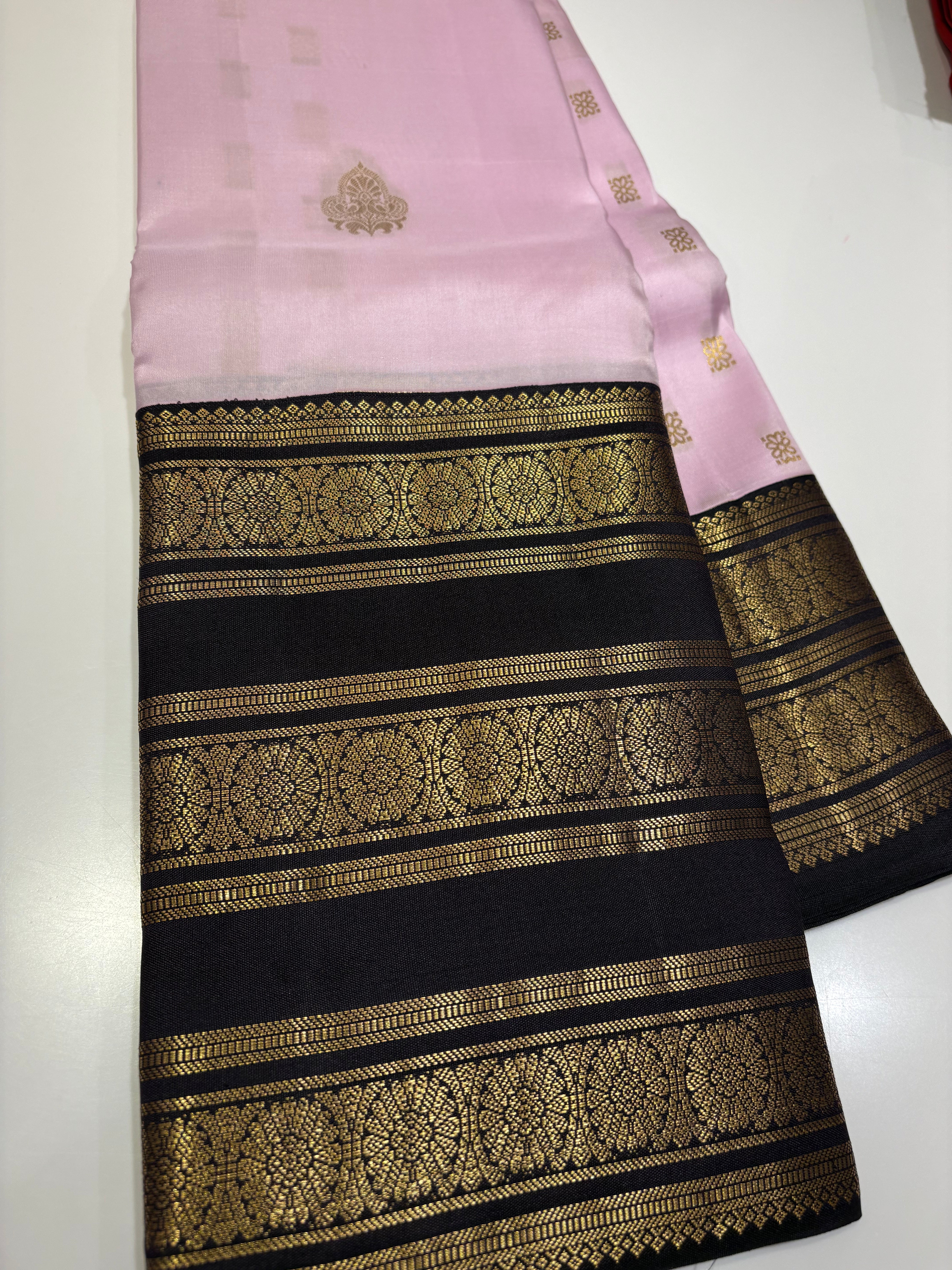 Pure Kanjivaram Saree -Leela Verse Pink & Black Saree with Golden Zari Buttas