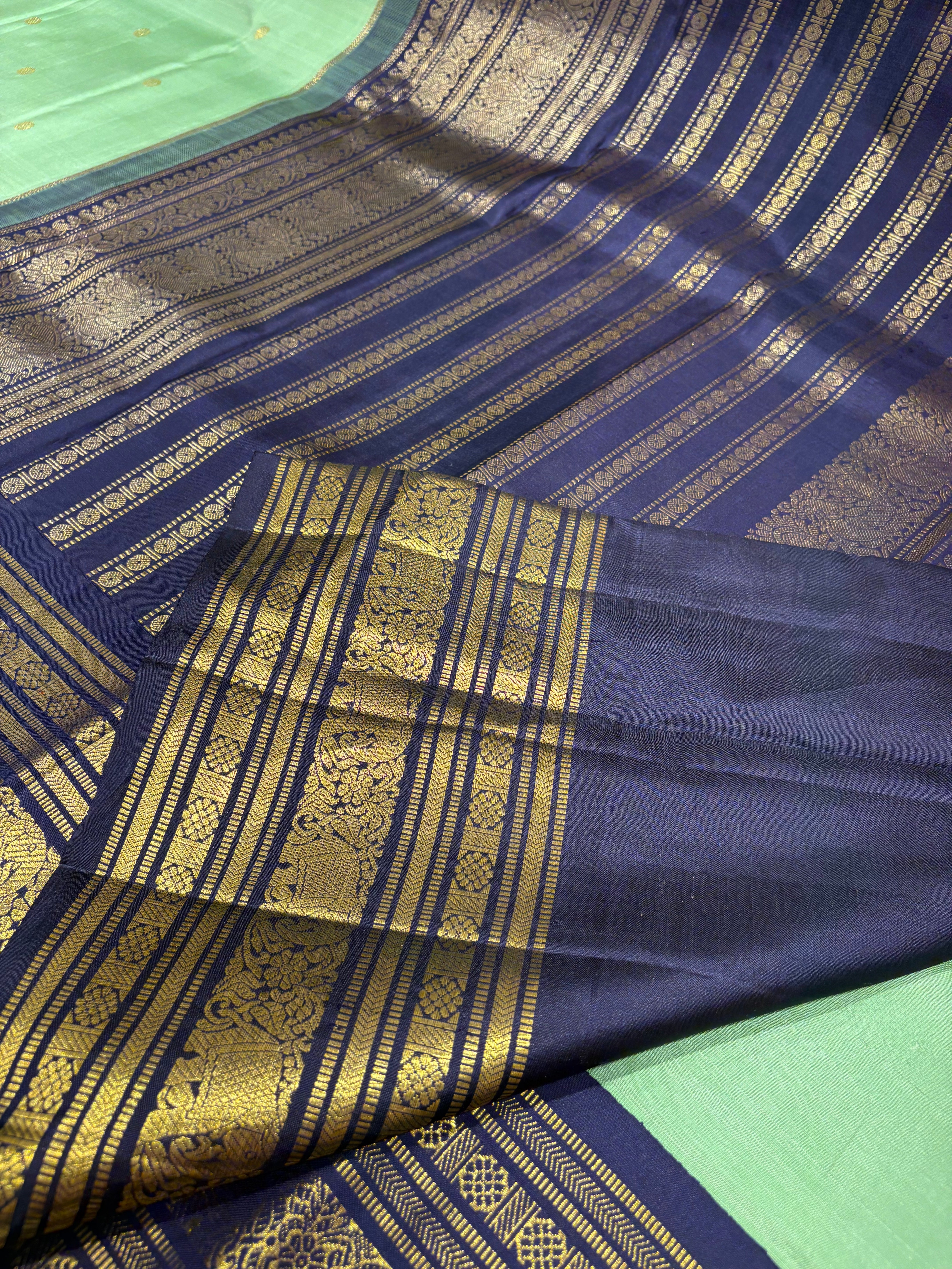 Green Pure Kanjivaram Silk Saree with Contrast Blue Border &  Zari Buttas