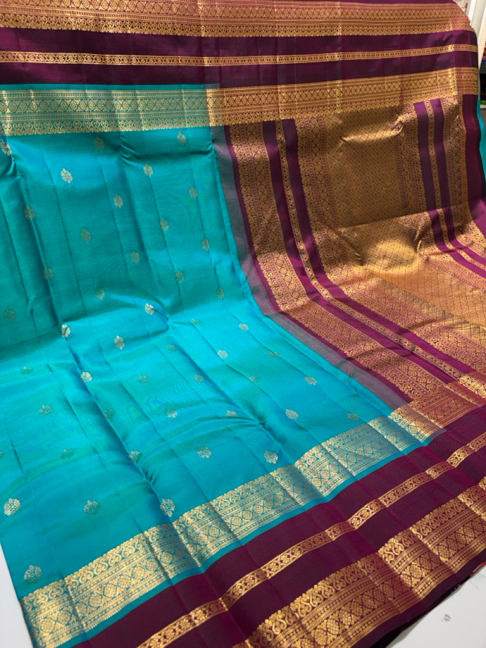 Tiffany Blue Colour Leela Verse Kanchipuram Silk Saree with Plum Purple Contrast NSSL06