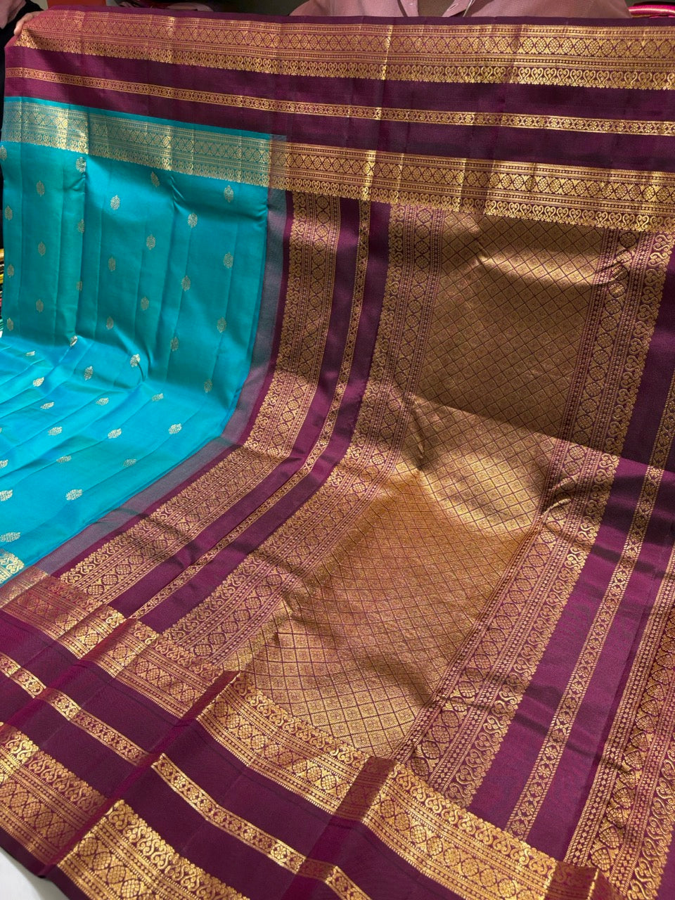 Tiffany Blue Colour Leela Verse Kanchipuram Silk Saree with Plum Purple Contrast NSSL06
