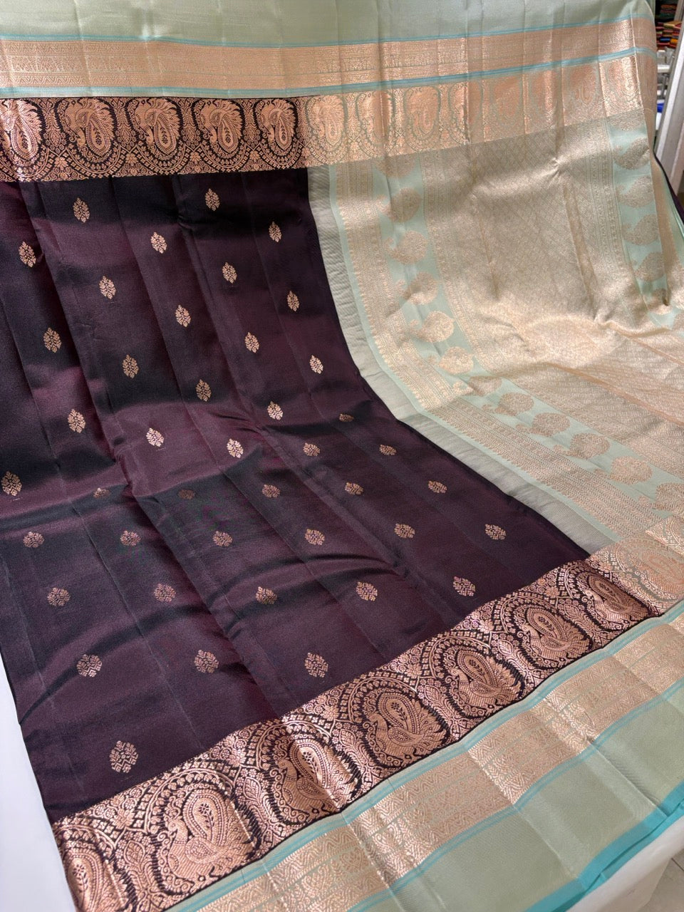 Dark Chocolate Brown Leela Verse Pure Kanchipuram Silk Saree with Light Blue Contrast NSSL11