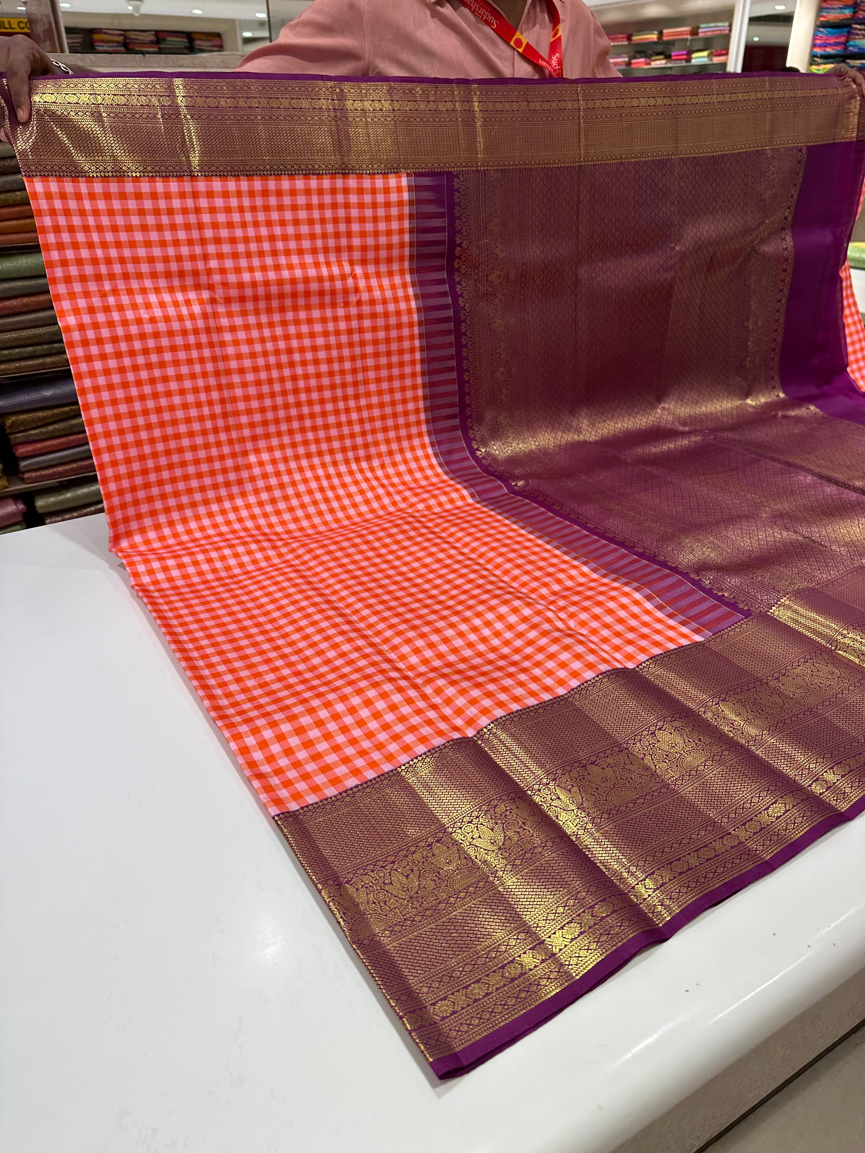 Pure Kanjivaram Silk Saree with Multicolor Checks & Purple Gold Zari Border