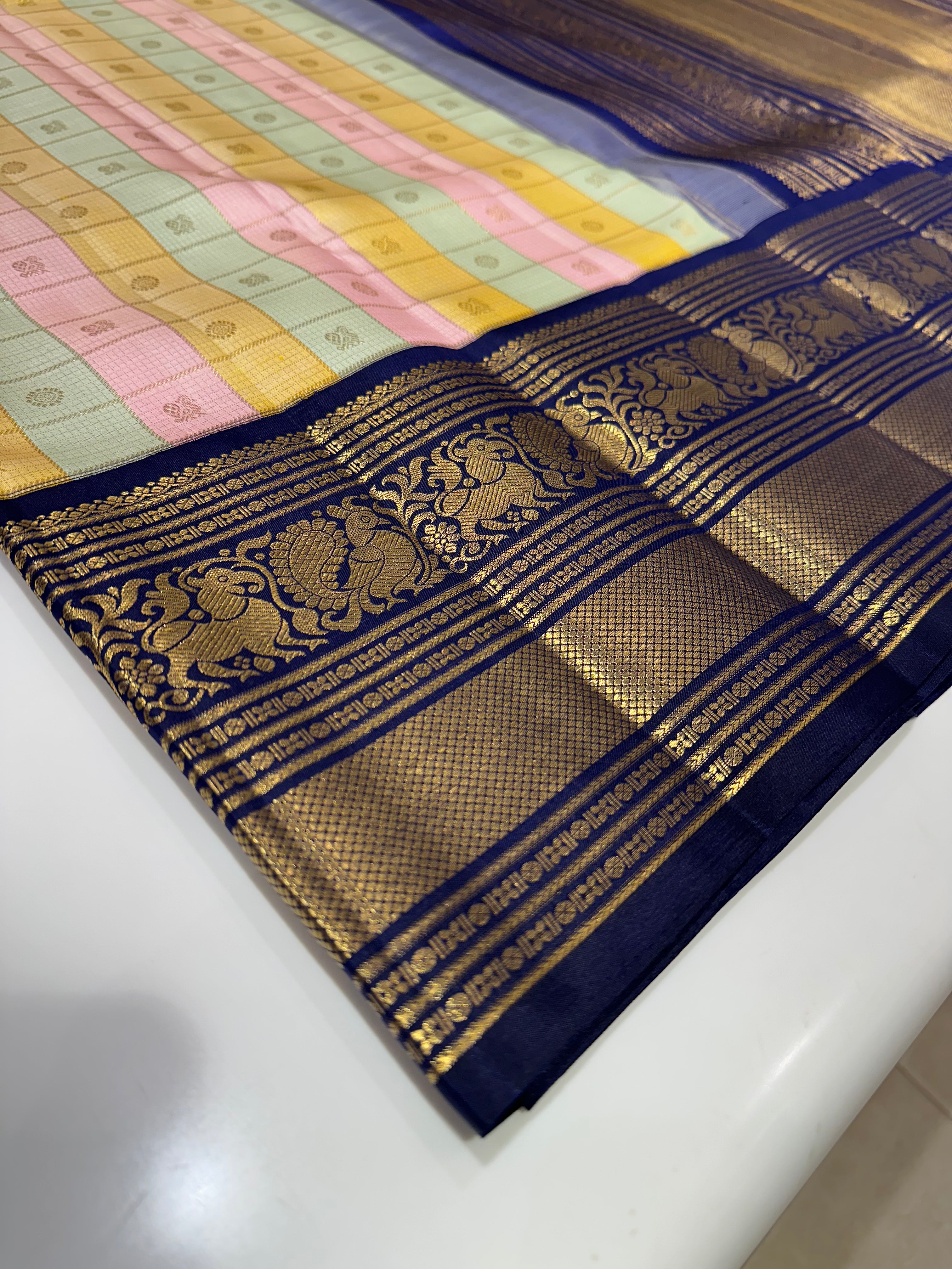 Pure Kanjivaram Silk Multicolor Checks Saree with Peacock Rudrakshi Buttas and Blue Gold Zari Border.