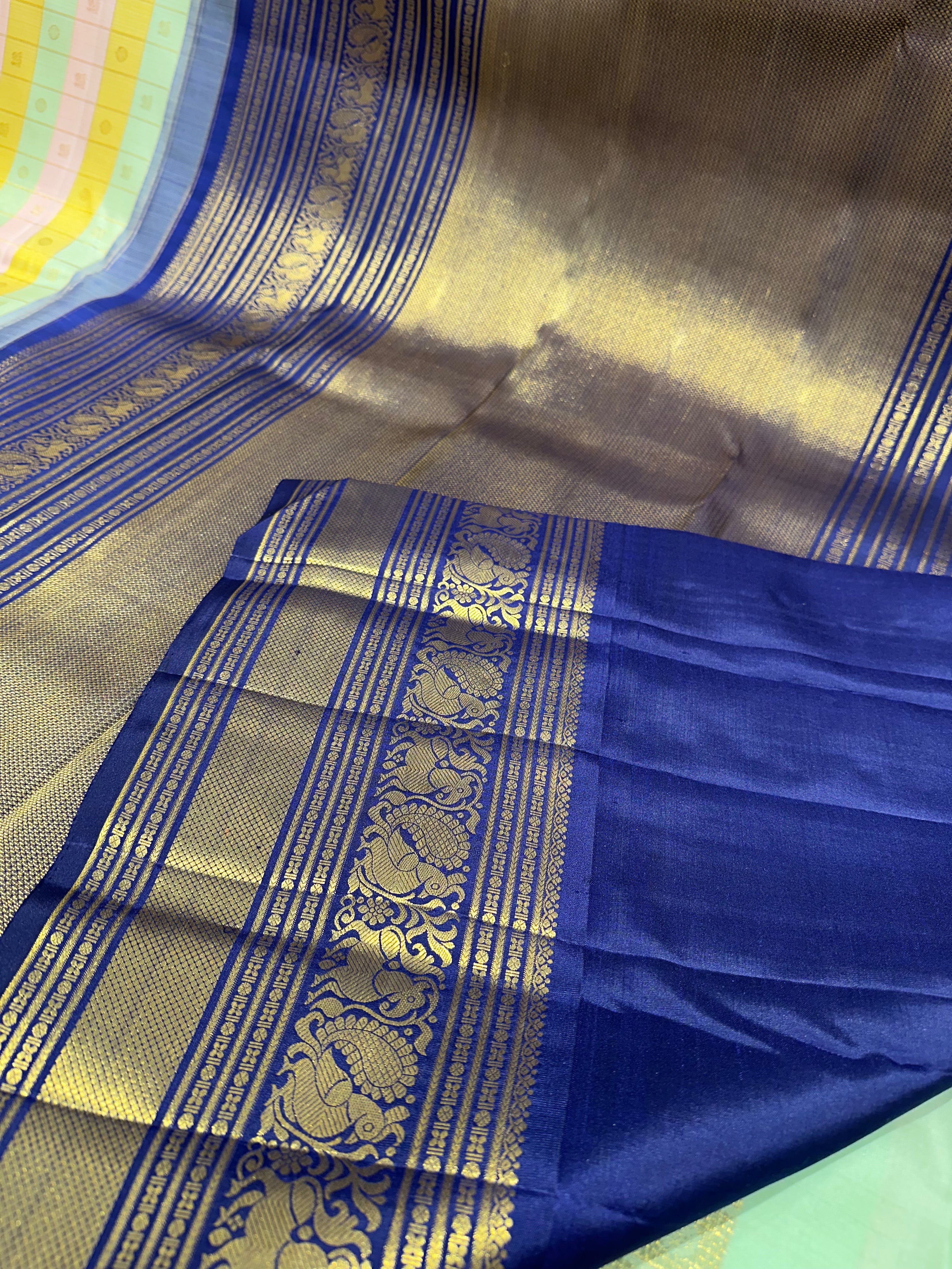 Pure Kanjivaram Silk Multicolor Checks Saree with Peacock Rudrakshi Buttas and Blue Gold Zari Border.