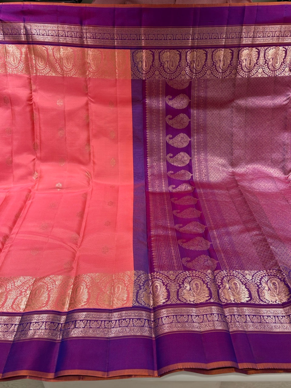 Coral Pink Colour Leela Verse Kanchipuram Silk Saree with Royal Purple Contrast NSSL03