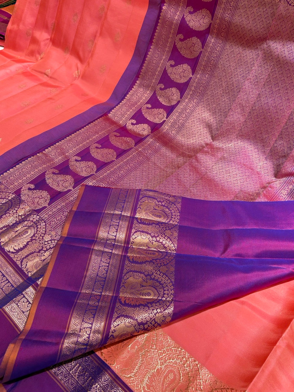 Coral Pink Colour Leela Verse Kanchipuram Silk Saree with Royal Purple Contrast NSSL03